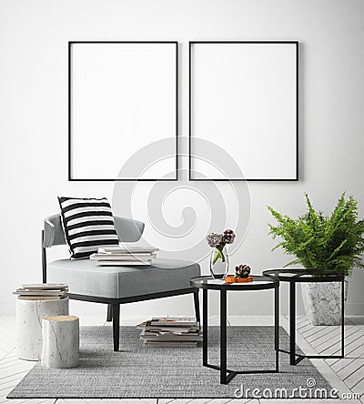 Mock up posters frame in hipster interior background, Scandinavian style, Cartoon Illustration