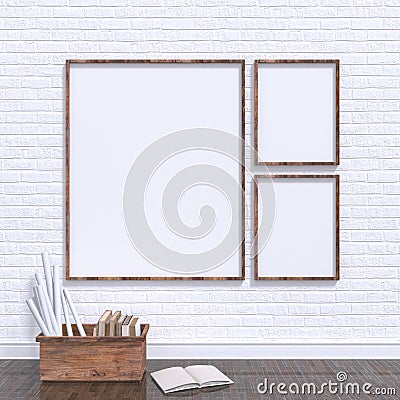 Mock up posters frames in art atelier with wooden bow full of old books, 3D Cartoon Illustration