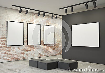 Mock up posters frames and canvas in gallery interior background, Cartoon Illustration