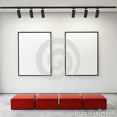 Mock up posters frames and canvas in gallery interior background, Stock Photo