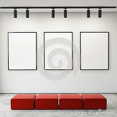 Mock up posters frames and canvas in gallery interior background, Stock Photo