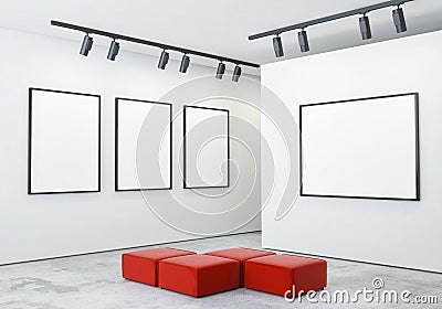 Mock up posters frames and canvas in gallery interior background, Stock Photo