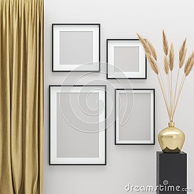 Mock up posters frames in interior background with golden decor elements Stock Photo