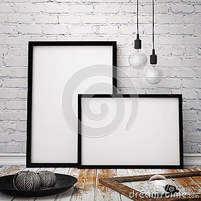 Mock up posters frames with vintage hipster loft background, 3D render Stock Photo