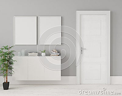 Mock-up posters in home interior with chest of drawers and plant near door Stock Photo