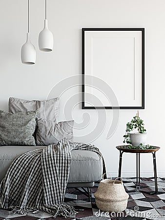 Mock up posters in living room interior. Interior scandinavian style. 3d rendering, 3d illustration Stock Photo