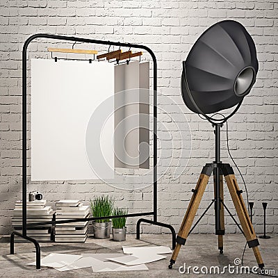 Mock up posters in loft interior background with industry lamp Stock Photo