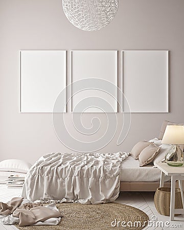 Mock up posters on minimalism pastel wall , hipster bedroom Cartoon Illustration