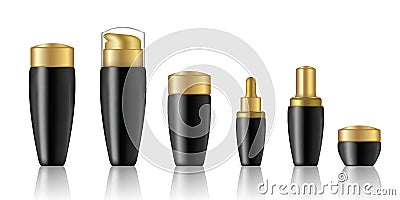 Mock up Realistic Black Cosmetic Soap, Shampoo, Cream, Perfume and Dropper Bottles Product Set With Gold Cap Background Vector Illustration