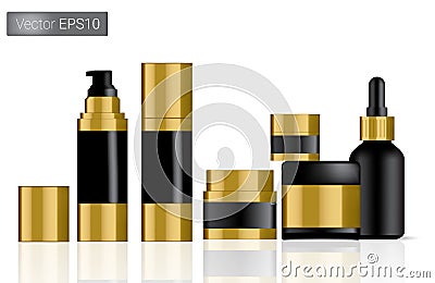 Mock up Realistic Black and Gold Vector Bottles Set Background Illustration. Packaging Concept. Vector Illustration