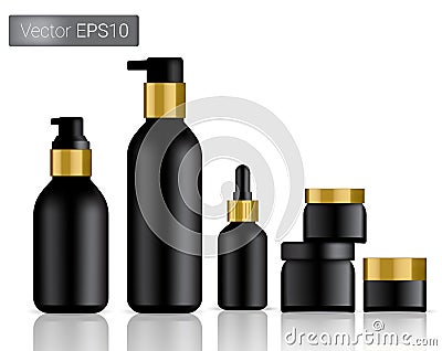 Mock up Realistic Black and Gold Vector Bottles Set Background Illustration. Packaging Concept. Vector Illustration