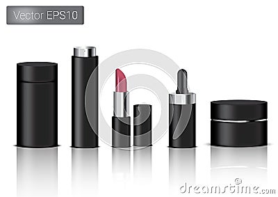 Mock up Realistic Black Packaging Product For Cosmetic Beauty Bottle, Spray, Lipstick And Dropper or Pipette For Make up isolated Vector Illustration