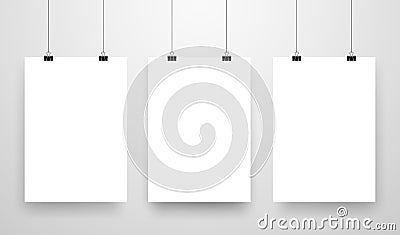 Mock-Up Realistic White Poster Hanging. Vector Illustration