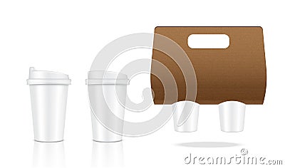 Mock up Realistic Coffee White Cup Packaging Product and Kraft Paper Carrier for Take Home Background Illustration Vector Illustration