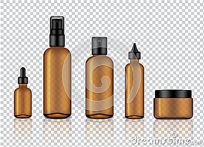 Mock up Realistic Glossy Amber Transparent Glass Cosmetic Soap, Shampoo, Cream, Oil Dropper and Spray Bottles Set With Black Cap f Vector Illustration