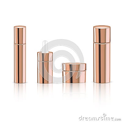 Mock up Realistic Rose Gold Pastel Cosmetic Product Bottles and Dropper Set for Serum Essential Oil Or Lotion Background Vector Illustration