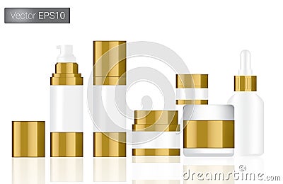 Mock up Realistic White and Gold Vector Bottles Set Background Illustration. Packaging Concept. Vector Illustration