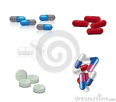 Mock up Realistic White, red, Blue and Gray Capsules Pills Medicine on White Background Vector Illustration. Tablets Medical Vector Illustration