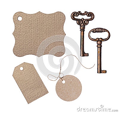 Mock up set of empty brown paper price tag and vintage keys Stock Photo