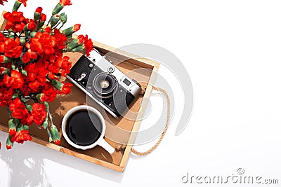 Mockup set festive flowers carnation red camera Stock Photo