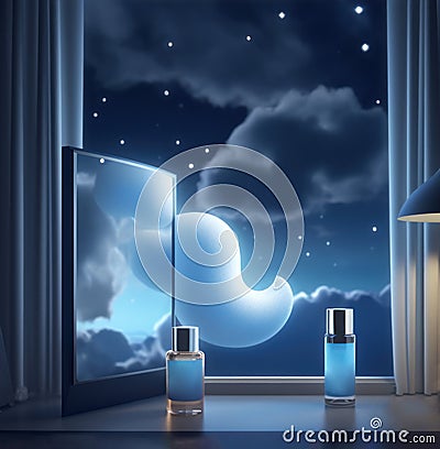 A mock up of a skin care bottle stands on a windowsill with an open window and a beautiful landscape Stock Photo