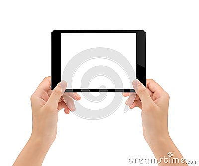Mock-up tablet in woman hand isolated on white Stock Photo