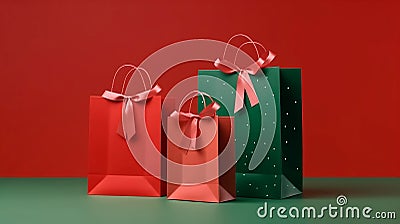 Mock up of three red and green paper shopping bags with ribbon isolated on red and green background, Christmas promotion, gift, Stock Photo