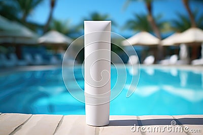 A mock-up of a tube of sunscreen stands near the pool with sun loungers Stock Photo
