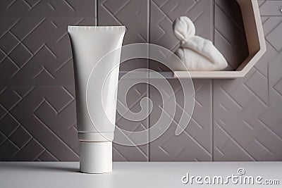 A mock-up of a tube of white cream with a lid is on the shelf Stock Photo