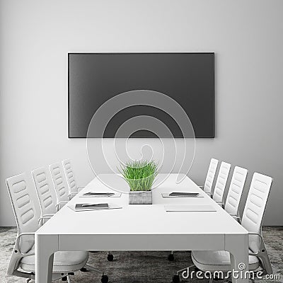 Mock up tv screen in meeting room with conference table, interior background, Stock Photo
