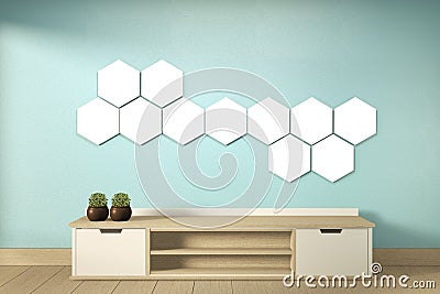 Mock up Tv shelf and hexagon lamp on wall mint room modern tropical style - empty room interior - minimal design. 3d rendering Stock Photo