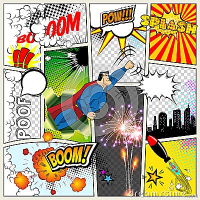 Mock-up of a typical comic book page. Vector Comics Pop art Superhero concept blank layout template with clouds beams Vector Illustration