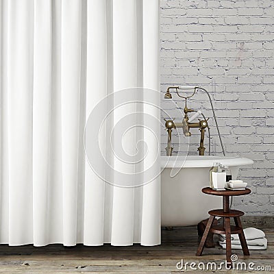 Mock up vintage hipster bathroom with white curtains, interior background, Stock Photo