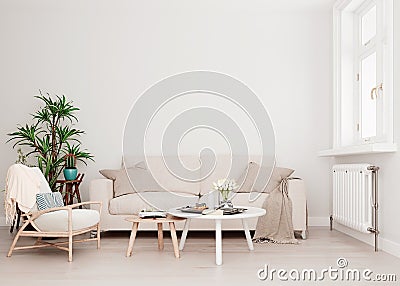 Mock up wall with beige white sofa, two tables and a chair in modern interior background, living room with large window Cartoon Illustration