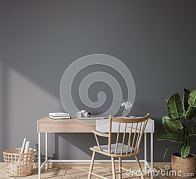 Mock up wall in bright farmhouse interior background, white wooden office on dark gray wall Stock Photo