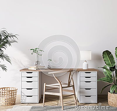 Mock up wall in bright farmhouse interior background, wooden office Stock Photo