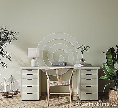 Mock up wall in bright farmhouse interior background, wooden office Stock Photo