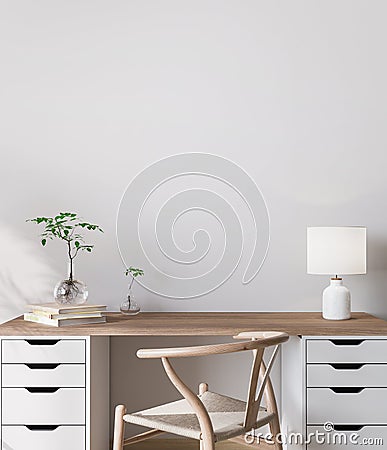 Mock up wall in bright farmhouse interior background, wooden office Stock Photo