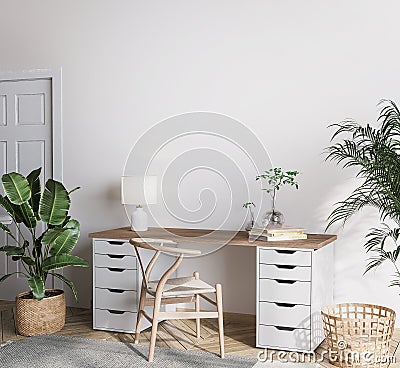 Mock up wall in bright farmhouse interior background, wooden office Stock Photo