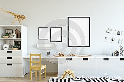 Mock up wall in child room interior. Interior scandinavian style. 3d rendering, 3d illustration Stock Photo