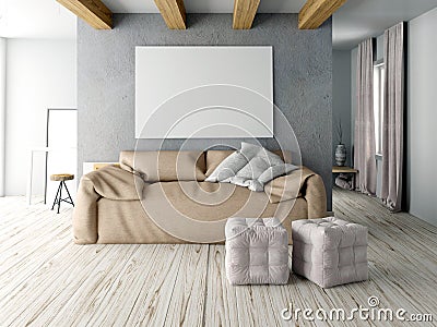 Mock up wall in interior with sofa. living room hipster style. Cartoon Illustration
