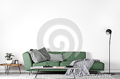 Mock up wall in modern interior , green sofa in living room on empty white wall, Cartoon Illustration