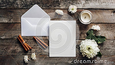 Mock up with white envelope, blank paper, candle, cinnamon sticks and flowers on wooden backdrop. Flat lay Stock Photo