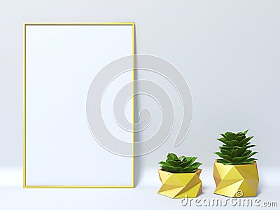 Mock up yellow blank picture frame with two succulent 3D Cartoon Illustration