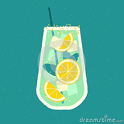 Mocktail with lemon. Cool drink with gin tonic. Non-alcoholic tropical cocktail Vector Illustration