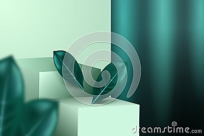 Mockup for advertising, color Tidewater green, catwalks, leaves and curtains. Trendy cosmetics advertising template. Vector Illustration