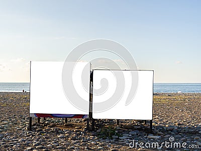 Mockup on the beach. Notice on the changing cabin. Resort mockup. Empty space for bid pictures Stock Photo