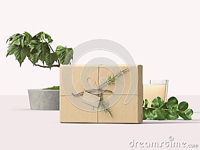 Mockup, beautiful shipping box, package with branch and tag, 3d Illustration Stock Photo