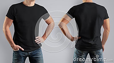 Mockup black t-shirt on strong man on gray background. Front vi Stock Photo