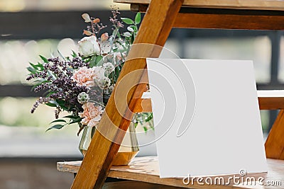 Mockup blank card, for greeting, wedding invitation for bride and groom with flowers Stock Photo